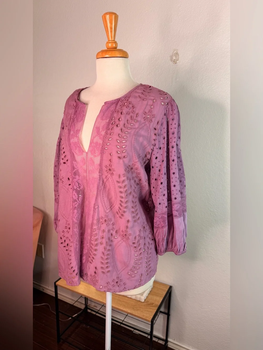 Johnny Was Lavender Eyelet Embroidered Peasant Blouse